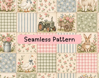 Farmhouse Animals Seamless Pattern, Vintage Patchwork Digital Paper, Pig Goose Lamb Bunny Floral Fabric Print, Cottagecore Country Quilt Art