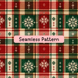 May include: A seamless pattern featuring a plaid design in red, dark green, and cream. The fabric texture includes repeating white snowflake motifs and small diamond shapes arranged within the grid. A pink rectangular label reads Seamless Pattern.