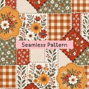 May include: A seamless pattern featuring a patchwork design of floral arrangements, orange and white gingham squares, and botanical sprigs in shades of rust, sage green, and mustard yellow. The text Seamless Pattern is centered on the image.