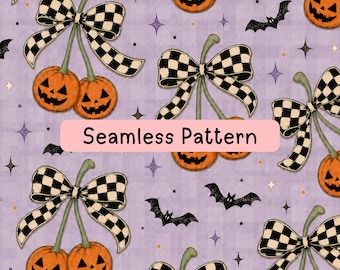 Halloween Pumpkin Seamless Pattern, Coquette Checkerboard Bow Digital Paper, Cute Jack O Lantern Bat Fabric JPG, Two Scale Craft Repeat Pair