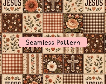 Vintage Christian Patchwork Seamless Pattern, Jesus Cross Floral Digital Paper, Rustic Gingham Quilt Fabric, Farmhouse Sublimation PNG & JPG