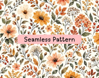 Autumn Wildflower Seamless Pattern, Watercolor Fall Floral Digital Paper, Botanical Fabric Print, Rustic Orange Green Textile, Sewing Design