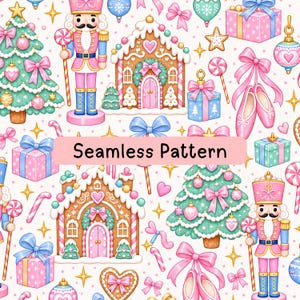May include: A seamless pattern featuring Christmas-themed illustrations including nutcrackers, gingerbread houses, decorated pine trees, gift boxes, ballet slippers, and candy canes in a pastel color palette of pink, blue, and green.