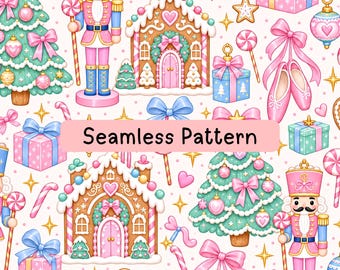 May include: A seamless pattern featuring Christmas-themed illustrations including nutcrackers, gingerbread houses, decorated pine trees, gift boxes, ballet slippers, and candy canes in a pastel color palette of pink, blue, and green.