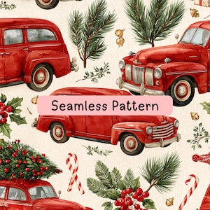 Könnte beinhalten: Ein nahtloses Muster mit roten Oldtimer-Lastwagen, grünen Kiefernzweigen, roten Stechpalmenbeeren und Zuckerstangen auf cremefarbenem Grund. Der Text Seamless Pattern steht in einem rosa Rechteck in der Mitte des Bildes.