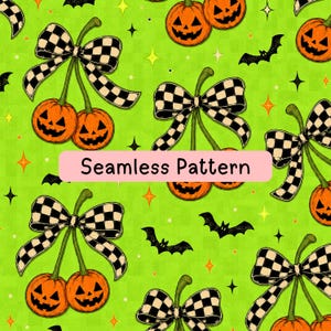 May include: A seamless pattern featuring orange jack-o'-lanterns paired in pairs, each topped with a black and white checkered bow. The background is a bright lime green with small black bats and orange and yellow four-pointed star accents.