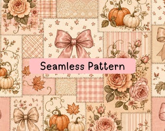 Vintage Autumn Patchwork Seamless Pattern, Pumpkin Rose Bow Digital Paper, Cottagecore Fall Fabric, Scrapbook Paper & Sublimation Background