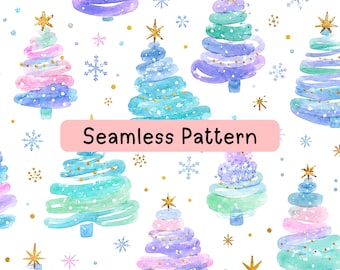 Pastel Christmas Tree Seamless Pattern, Watercolor Holiday Digital Paper, Snowflake Fabric Print, Winter Sublimation Background Tile PNG JPG