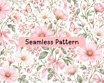 Pink Floral Bow Seamless Pattern, Watercolor Botanical Digital Paper, Butterfly Garden Fabric Print, Romantic Coquette Spring Wrapping Paper