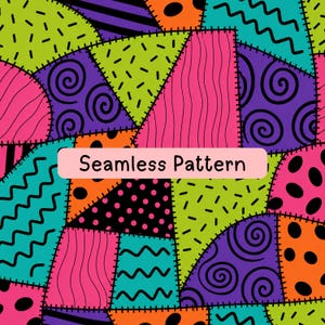 May include: A colorful patchwork design featuring various geometric shapes stitched together with black thread. The pattern includes lime green, purple, orange, pink, and teal sections decorated with black polka dots, swirls, and wavy lines.
