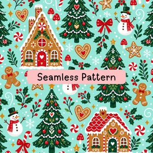 May include: A seamless pattern on a light blue background featuring gingerbread houses, decorated Christmas trees, snowmen with red scarves, gingerbread people, red and white candy canes, holly berries, snowflakes, and star-shaped cookies.