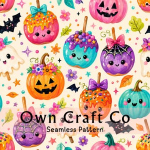 May include: A seamless pattern featuring cute cartoon candy apples, jack-o'-lanterns, and ghosts on a cream background. The design includes colorful sprinkles, bows, flowers, bats, and stars. The text Own Craft Co Seamless Pattern is centered.