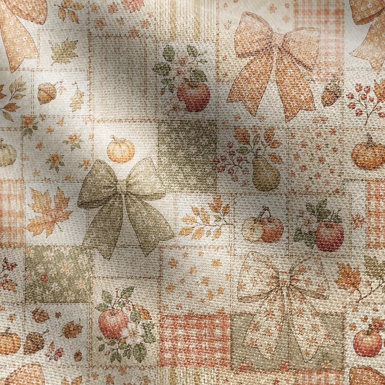 K&ouml;nnte beinhalten: Ein Stoff mit einem Patchwork-Design aus abwechselnden Quadraten mit herbstlichen Mustern. Der Druck zeigt Illustrationen von orangefarbenen K&uuml;rbissen, roten &Auml;pfeln, braunen Eicheln, gr&uuml;nen Bl&auml;ttern und gro&szlig;en Schleifen in Beige, Oliv und Orange.