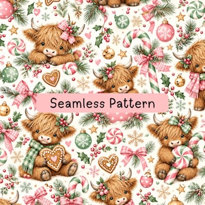 May include: A seamless pattern featuring fluffy brown Highland cows decorated with pink bows, scarves, and holly. The design includes candy canes, gingerbread hearts, gold bells, and pink ornaments on a white background with text Seamless Pattern.