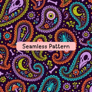 May include: A seamless pattern on a dark purple background featuring colorful paisley shapes decorated with skulls, spiders, mushrooms, coffins, and crescent moons in vibrant shades of orange, green, blue, and light purple with the text Seamless Pattern.