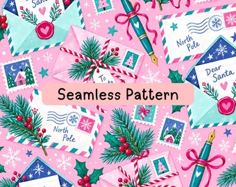 Dear Santa Christmas Seamless Pattern, Pink North Pole Mail Digital Paper, Holiday Envelope Fabric Sublimation Pattern, Scrapbook Gift Wraps
