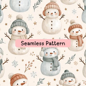 May include: A seamless pattern featuring illustrated snowmen wearing knit hats, earmuffs, and scarves, accented with small snowflakes, stars, and sprigs of berries on a cream background. The text Seamless Pattern is centered in a pink rectangle.