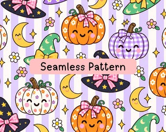 Niedliches Halloween-Nahtlosmuster, verspielter Hexenhut-Kürbis (Digitalpapier), Kawaii-Herbststoff-Sublimationsmuster, gruseliges rosa Schleifenmuster (PNG + JPG)