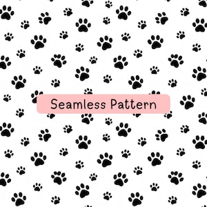 May include: A white background featuring a repeating pattern of black animal paw prints. A horizontal light pink rectangular banner is centered across the middle of the image with the black text Seamless Pattern printed on it.