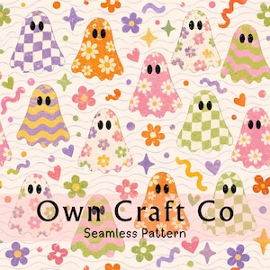 May include: A seamless pattern featuring various ghosts with different prints including checkerboard, floral, and wavy lines in orange, pink, green, and purple. The background has wavy lines, hearts, stars, and flowers. Text reads Own Craft Co.