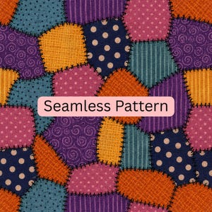 Könnte beinhalten: Ein Patchwork-Stoffdesign mit einem nahtlosen Muster aus unregelmäßigen Formen in Orange, Lila, Pink und Blau. Die Segmente zeigen verschiedene Texturen wie Punkte, Streifen und Wirbel, die durch schwarze Steppnähte verbunden sind. Der Text lautet Seamless Pattern.