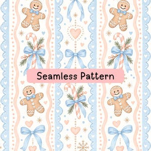 May include: A seamless pattern featuring gingerbread cookies with blue bow ties, candy canes tied with blue ribbons, and light blue scalloped borders on a white background. The design includes small hearts, stars, and the text Seamless Pattern.