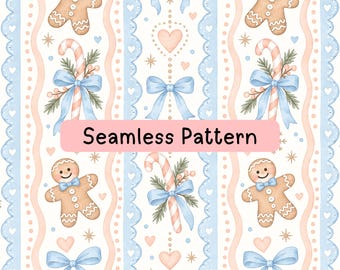 Gingerbread Christmas Seamless Pattern, Pastel Blue Bow Digital Paper, Candy Cane Watercolor, Holiday Fabric and Sublimation Background, PNG