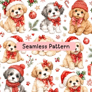 May include: A seamless pattern featuring illustrations of puppies wearing red Christmas hats, scarves, and bows. The design includes festive elements like holly berries, pine branches, candy canes, and ornaments on a white background with the text Seamless Pattern.
