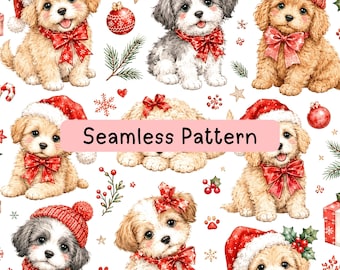 Christmas Puppies Seamless Pattern, Cute Holiday Dog Digital Paper, Watercolor Puppy Fabric, Gift Wrap, Scrapbook and Sublimation Background
