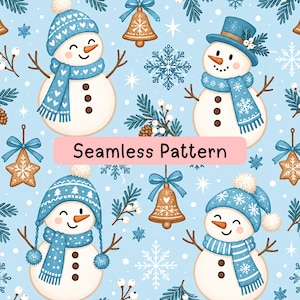 May include: A seamless pattern on a light blue background featuring snowmen wearing blue hats and scarves, brown gingerbread bells, pine branches, and white snowflakes. The text Seamless Pattern is centred in a light pink horizontal rectangle.