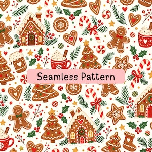 May include: A seamless pattern featuring gingerbread houses, gingerbread people, candy canes, Christmas trees, star-shaped cookies, red mugs with whipped cream, holly leaves, and berries on a white background with the text Seamless Pattern.