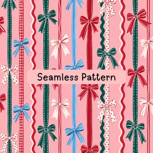 Peut inclure: Un motif sans couture sur fond rose clair avec des rubans verticaux de différentes couleurs, notamment vert foncé, rouge et bleu clair. Les rubans sont ornés de nœuds rouges, blancs, bleus et à pois. Le texte indique Seamless Pattern.
