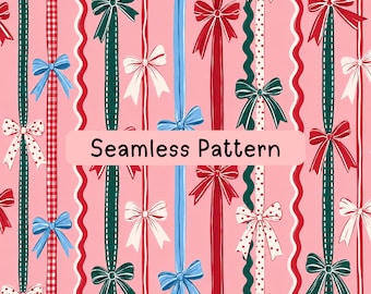 Coquette Bow Seamless Pattern, Pink Ribbon Digital Paper, Preppy Gingham Polka Dot Fabric Print, Wrapping Paper, Sublimation PNG JPG, Sewing