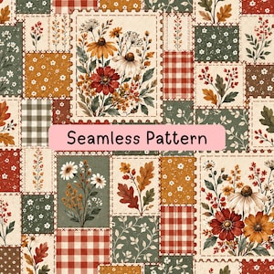 Könnte beinhalten: Ein nahtloses Muster mit einem Patchwork-Design aus rechteckigen Blöcken mit gezackten Rändern. Die Blöcke zeigen verschiedene botanische Illustrationen von Wildblumen, Eichenblättern sowie rot-weiße Vichy- oder Blumenmuster.