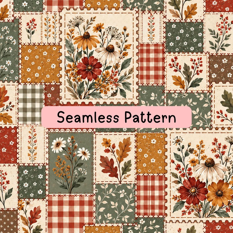 May include: A seamless pattern featuring a patchwork design of rectangular blocks with scalloped edges. The blocks display various botanical illustrations of wildflowers, oak leaves, and red and white gingham or floral prints in earthy tones.