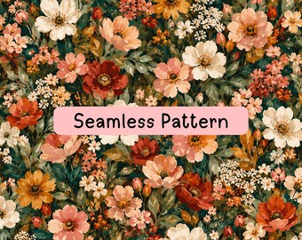 Vintage Floral Seamless Pattern, Autumn Wildflower Digital Paper, Dark Botanical Fabric Print, Cottagecore Floral Textile Background PNG JPG