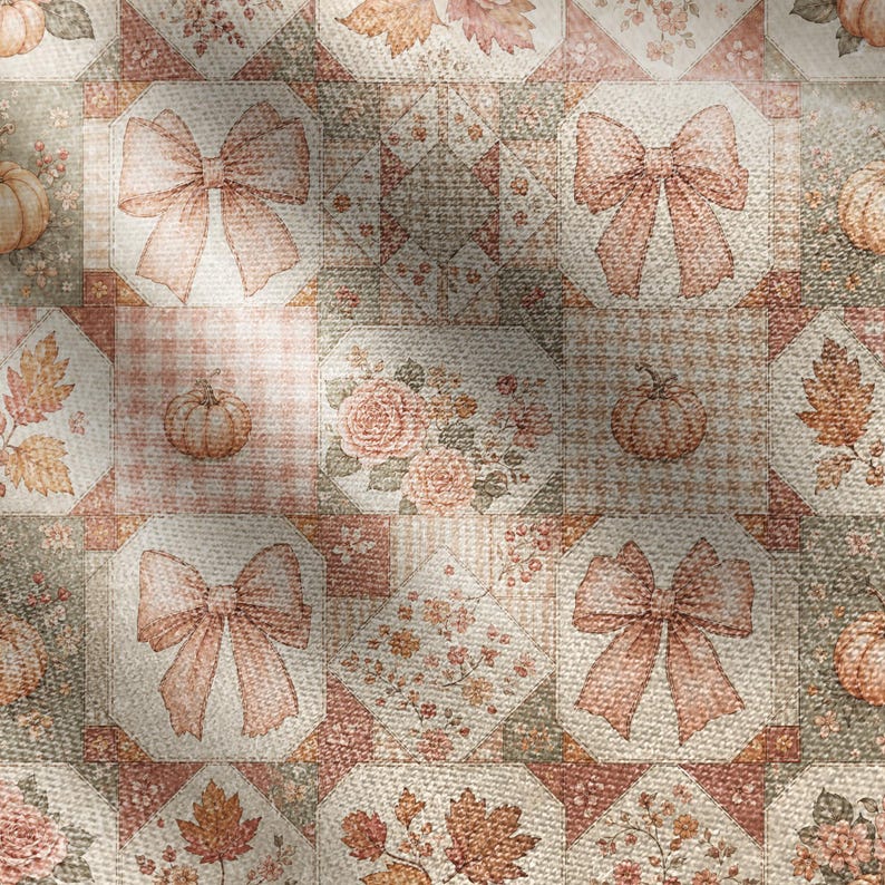 May include: A fabric featuring a repeating patchwork pattern of muted orange and green squares. The design includes illustrations of pumpkins, bows, autumn leaves, and floral clusters, all rendered in a soft, textured, and muted color palette.