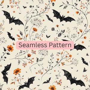 May include: A seamless pattern featuring black bats and orange flowers on a cream background. The design includes delicate botanical stems and various sizes of bats scattered throughout. The text Seamless Pattern is centered in a pink rectangle.