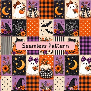 May include: A digital fabric design featuring a patchwork grid of Halloween motifs including white ghosts with bows, pumpkins with plaid ribbons, witch hats, black cats, orange moons, bats, and spiderwebs in orange, purple, and black.