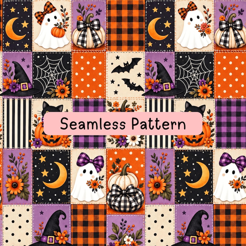 May include: A digital fabric design featuring a patchwork grid of Halloween motifs including white ghosts with bows, pumpkins with plaid ribbons, witch hats, black cats, orange moons, bats, and spiderwebs in orange, purple, and black.