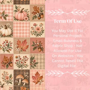 May include: A digital fabric pattern featuring a patchwork grid of autumn-themed illustrations including pumpkins, acorns, maple leaves, mushrooms, and flowers in shades of pink, brown, and cream, with text detailing terms of use on the right side.