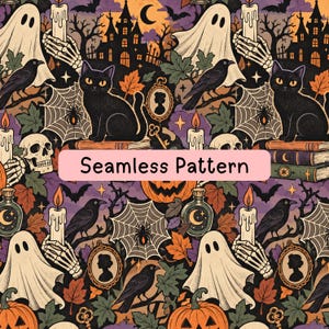 May include: A seamless pattern featuring Halloween motifs including black cats, ghosts, skeletons holding candles, ravens, spiderwebs, pumpkins, and ornate cameos. The design includes the text Seamless Pattern in a pink rectangular overlay.