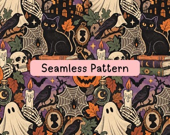 Halloween Seamless Pattern, Vintage Gothic Digital Paper, Ghost Black Cat Pumpkin Raven Haunted House Fabric Sublimation Backgrounds PNG JPG