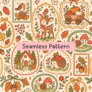 May include: A seamless pattern featuring autumn-themed illustrations in decorative frames, including a fawn, a hedgehog, a cottage, a wagon with pumpkins, snails, mushrooms, acorns, and fall leaves on a light cream background with the text Seamless Pattern.