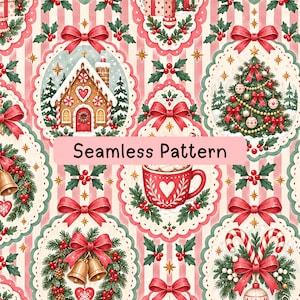 May include: A seamless pattern featuring a repeating Christmas theme with scalloped oval frames containing a gingerbread house, a decorated tree, a red mug, a wreath with bells, and candy canes, all set against a pink and white striped background.