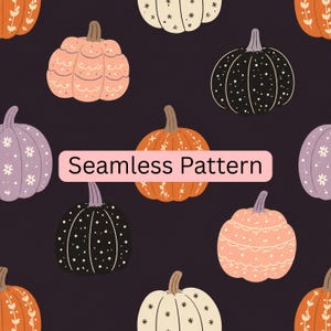 May include: A seamless pattern featuring various pumpkins in shades of orange, black, cream, and light purple against a dark background. Each pumpkin displays unique white line art details like dots, flowers, and scalloped edges. Text reads Seamless Pattern.