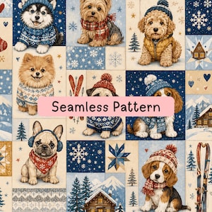 May include: A seamless pattern featuring various dog breeds wearing winter clothing like hats, scarves, and sweaters. The design includes snowy landscapes, pine trees, cabins, snowflakes, and skis. The text Seamless Pattern is centered.