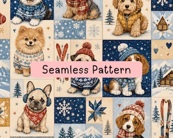 Winter Dogs Seamless Pattern, Cozy Ski Lodge Digital Paper, Snowy Pups Patchwork Fabric Print, Christmas Sublimation PNG JPG, Winter Textile