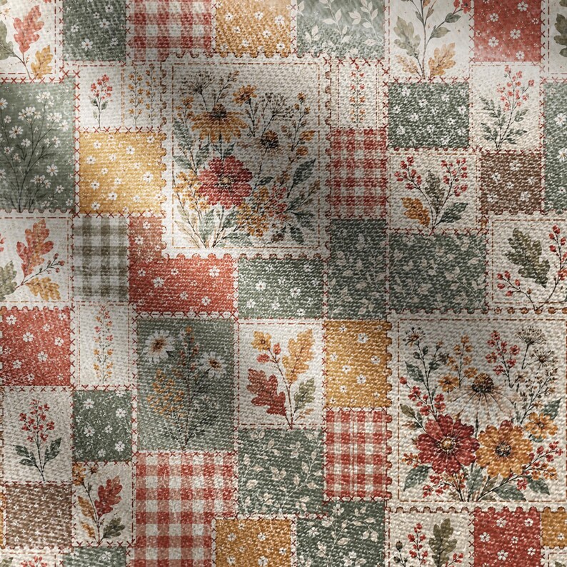 May include: A fabric textile featuring a patchwork design of rectangular blocks. The pattern includes various floral illustrations, autumn leaves, and checkered prints in shades of sage green, burnt orange, mustard yellow, and cream white.