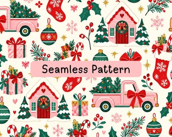Christmas Seamless Pattern, Pink Vintage Truck Digital Paper, Holiday Stocking Ornament Bow Fabric Print, Festive Fabric & Gift Wrap PNG JPG